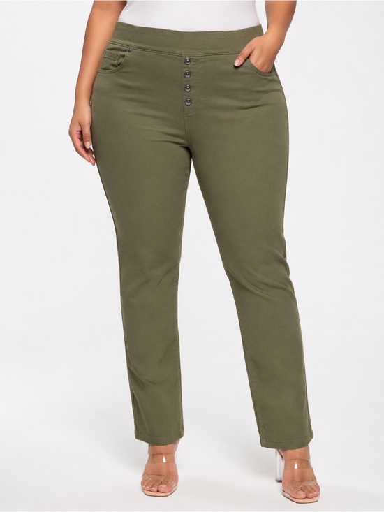 Pants - DQ² by DQ Collection Olive Green Pull-On Skinny Pants 2X Button Front Stretch